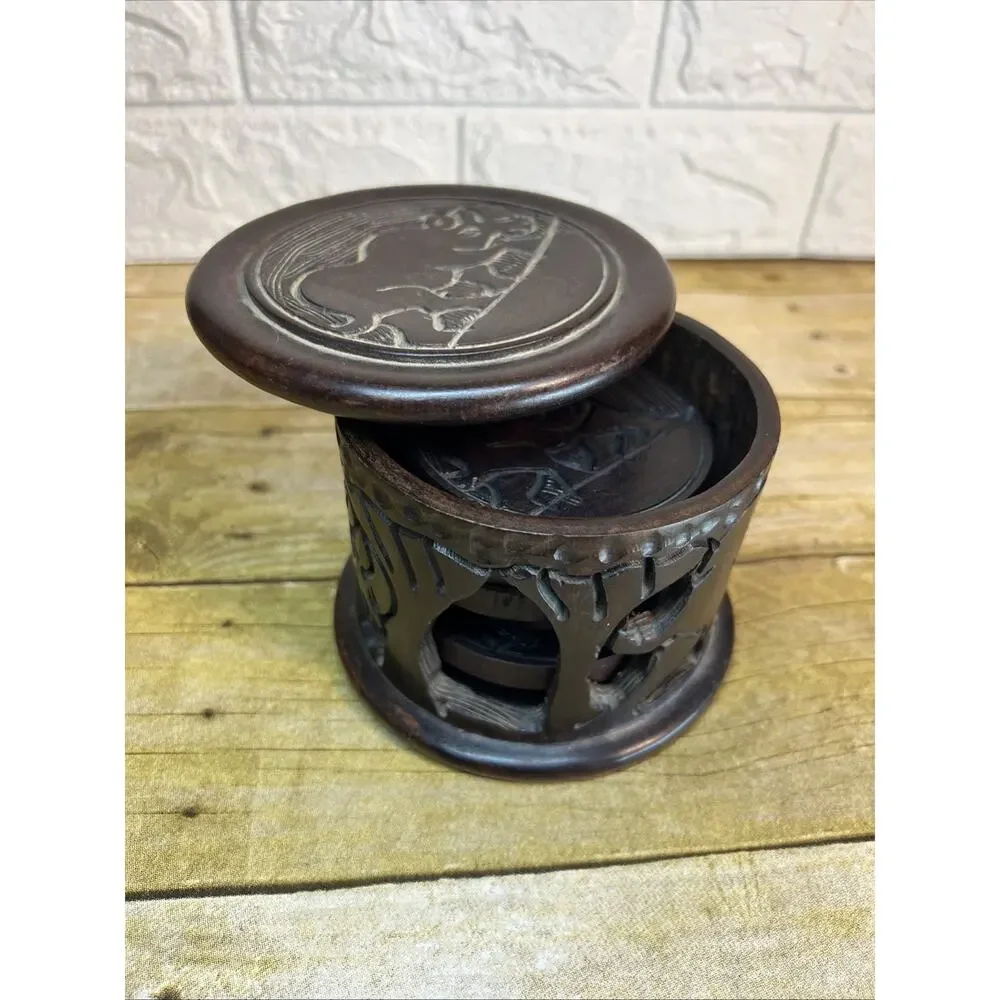 Hand Carved Wooden Africa 6 Coaster Set with Holder & Lid Beautiful Boho 4x5”